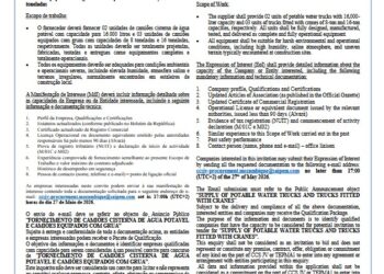 Fornecimento de camiões cisterna de água potável e camiões equipados com gruas